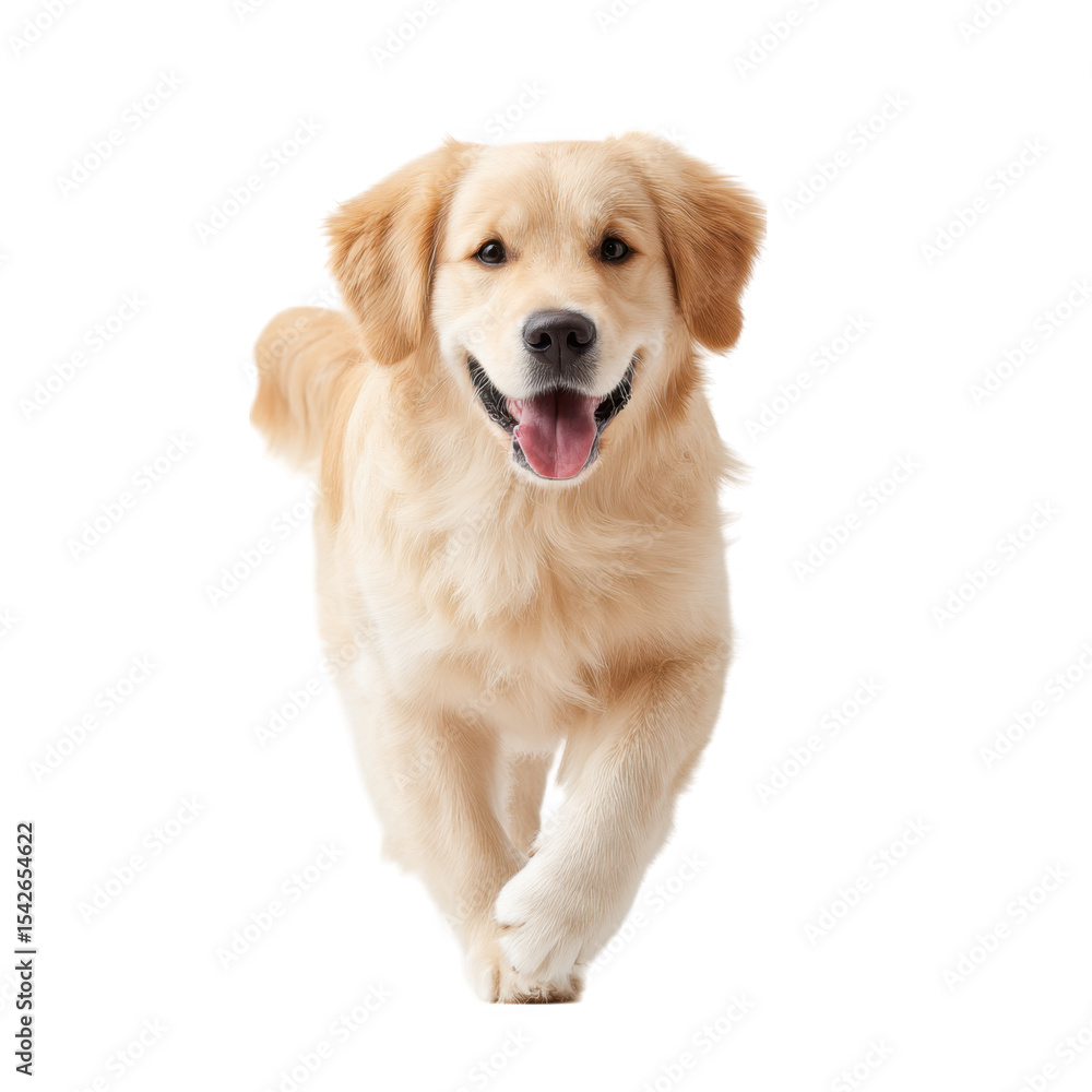 Poster a joyful golden retriever puppy running towards the camera with a bright. cheerful expression. set a
