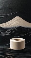 Toilet paper roll against a black backdrop with a stylized mountain range