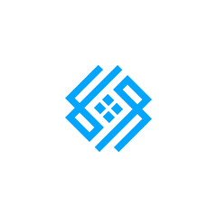 Geometric Blue House Logo Design with Square and Window Elements