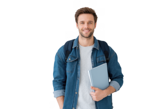 Young man standing against a plain white wall. smiling confidently while holding a notebook. dressed casually with a backpack. suggesting a student lifestyle or academic setting