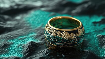Golden ring, teal backdrop, mountain design
