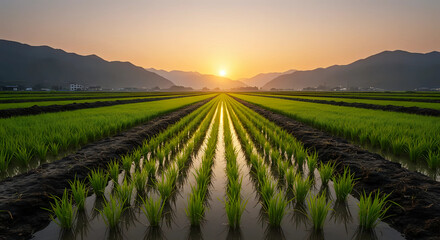 Fototapeta premium A landscape vibrant green rice paddies with water reflections at sunset, leading to mountains in the background