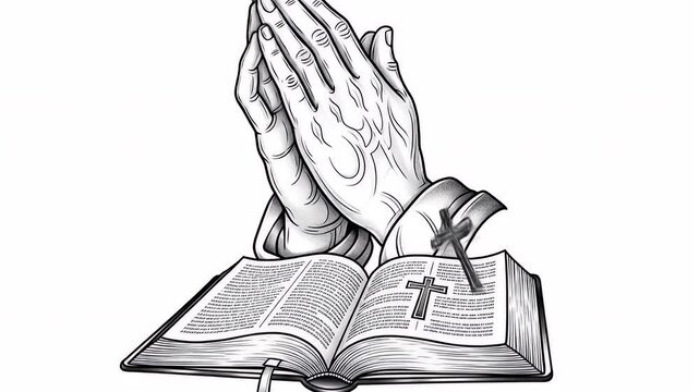 Grayscale illustration of praying hands over an open bible book suitable for faith or religious themed projects