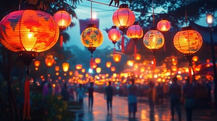 Glowing orange and yellow paper lanterns hanging above a crowd walking on a street at dusk, creating a warm and festive atmosphere