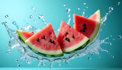 Close up of refreshing watermelon slices splashing with water in cool dynamic motion, slice of watermelon, isolated on blue background, summer fruit concept