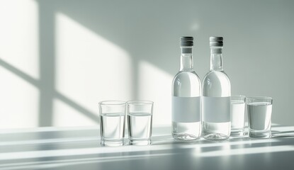 Two clear bottles of liquid, likely alcohol, with two shot glasses of clear liquid and another small glass of liquid on a white surface, illuminated by sunlight