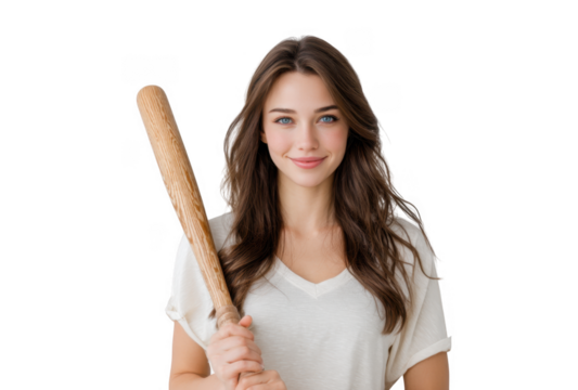 A confident young woman smiling while holding a wooden baseball bat. against a plain white background. suggesting themes of empowerment and sports. ideal for motivational content