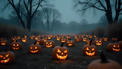 A eerie field of glowing jack-o'-lanterns at night, foggy landscape, halloween pumpkin in the forest
