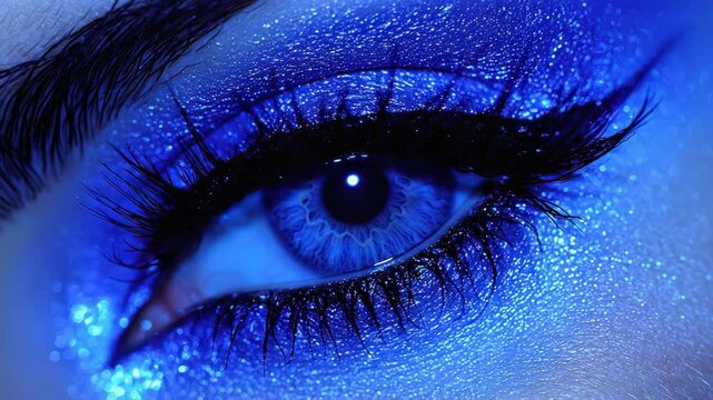 Blue-toned eye close-up, dramatic lashes, glittery skin