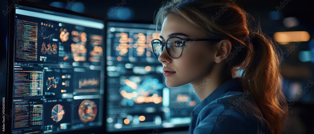 Poster focused woman with glasses analyzing complex data and charts on multiple computer screens in a dimly