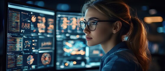 Focused woman with glasses analyzing complex data and charts on multiple computer screens in a dimly lit modern office environment