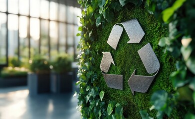 Metallic recycling symbol mounted on a lush green wall covered with ivy leaves inside a bright modern greenhouse or indoor garden space