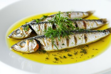 Photo of Marinated sardines on white plate, olive oil and herbs on top , solid stark white background, focused lighting --ar 3:2 --v 6.1 Job ID: 96ed1273-b98d-4654-82c1-372d987cf607
