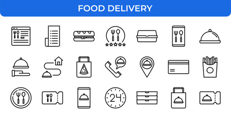 Food Delivery Vector Icon Set - Editable stroke - Online Order, Menu, Sandwich, Rating, Packaging, Mobile App, Cloche, Hand Delivery, Tracking, Bag, Call, Location, Payment, Fries, Voucher, 24 Hours