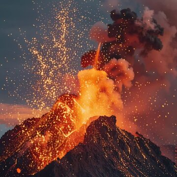 A volcano erupting shooting firey lava high into the air with clouds of ash against an early evening sky.