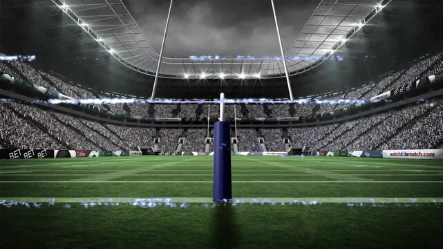 After one second static glitch drifting across blue goalpost rising then fading to reveal stadium