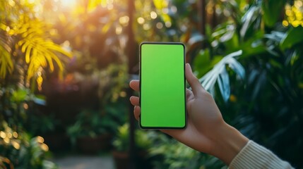Hand holding smartphone with green screen in lush botanical garden.