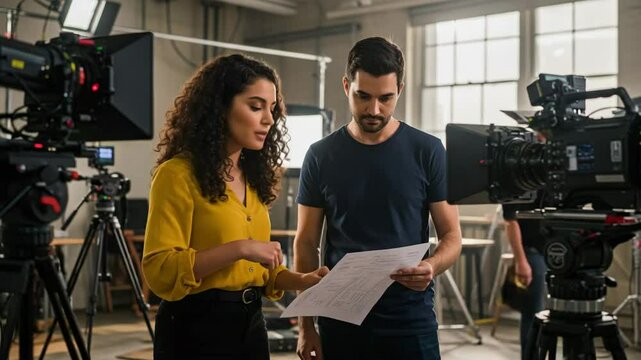 Filmmakers reviewing script on set, movie production