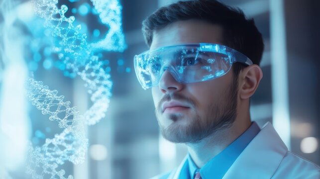 Scientist wearing augmented reality glasses analyzing dna structure: futuristic medical research