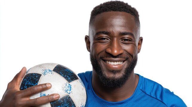 Smiling Soccer Player Holding Ball in Blue Shirt