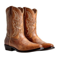 Pair of brown leather cowboy boots isolated on transparent background