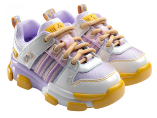 Pair of pastel purple and yellow kids sneakers isolated on transparent background