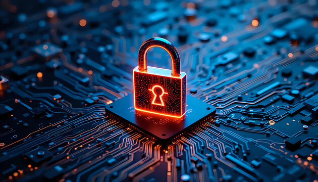A glowing neon padlock symbol on futuristic circuit board, representing cybersecurity and data protection concept