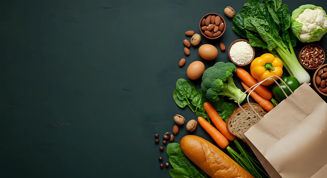 Fresh organic groceries ; broccoli, bread, nuts, chilli, pepper, tomatoes, paprika, carrot, eggs, lettuce, cabbage in paper bag isolated on green background - healthy eating concept, copy space