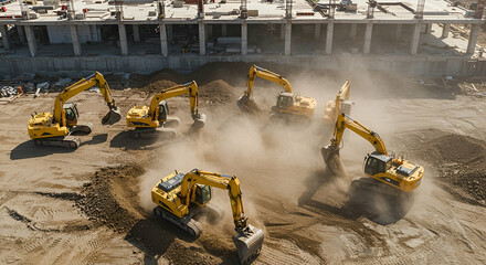 Aerial View of Multiple Yellow Excavators Working on a Construction Site