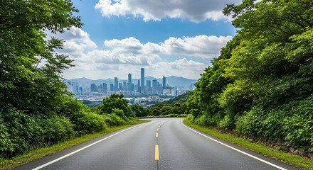 Asphalt Road Leading to a City Skyline Viewed from a Lush Green Hillside