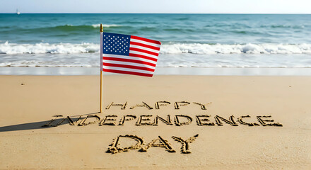 A "Happy Independence Day" written on beach sand with American flag by the ocean, celebrating fourth of july holiday concept
