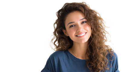 A smiling young woman with curly hair wearing a blue shirt. standing against a plain white background. exuding confidence and warmth. ideal for lifestyle and portrait photography
