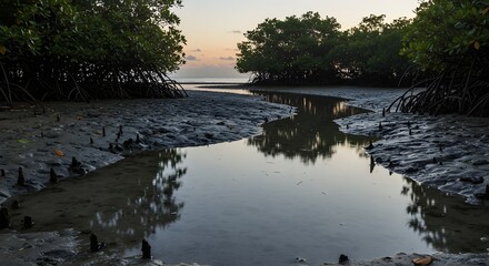 Twilight Whispers: Silhouetted Mangroves and Reflective Tidal Pools of Pahawang
