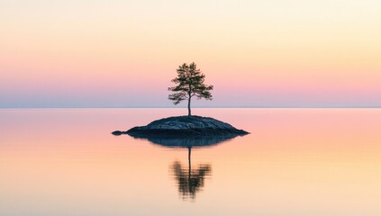 Single tree on a small island, tranquil lake, sunrise reflection