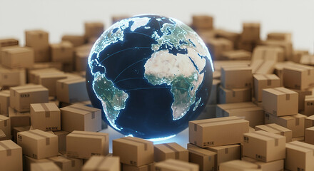 Global Shipping and Logistics Network with Cardboard Boxes and Illuminated Earth
