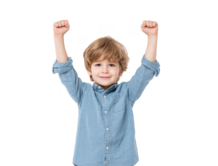 A cheerful young boy celebrating with raised arms against a plain white background. expressing joy and victory. perfect for conveying happiness and success in family or children's themes