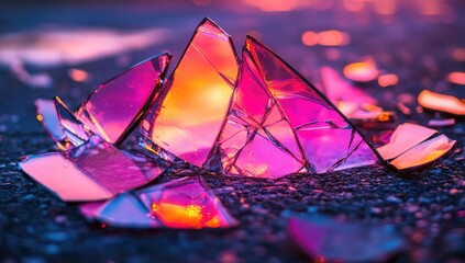 A close-up of broken pieces of pink and orange glass on the asphalt, macro photography, holographic style, hyper-detailed. --ar 53:30 --v 6.1 Job ID: d9c9c833-5dca-4c37-8f87-e3fb9c0ac676