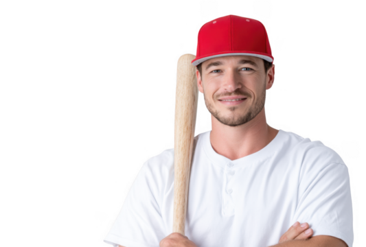 A confident young man in a red cap and white t-shirt poses with a baseball bat. showcasing a sporty attitude in a minimalistic studio setting. ideal for sports-related content
