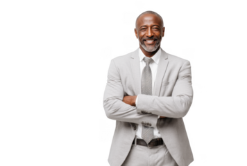 Confident businessman in a light gray suit smiling with arms crossed against a plain background. exuding professionalism and approachability. ideal for corporate or motivational themes