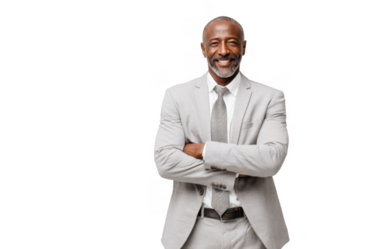 Confident businessman in a light gray suit smiling with arms crossed against a plain background. exuding professionalism and approachability. ideal for corporate or motivational themes