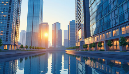 Obraz premium Modern city architecture with glass skyscraper buildings reflecting on water at sunrise, peaceful urban environment