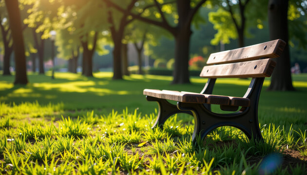 Sunlight drenched wooden park bench on green grass with trees in background creating peaceful atmosphere