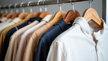 Minimalist boutique clothing rack closeup with various leather jackets hanging on wooden hangers in soft light
