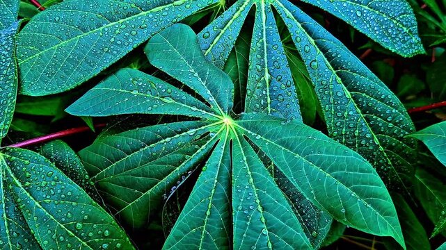 cassava leaves with morning dew drops, close up of fresh green tapioca leaves, Manihot esculenta foliage background

