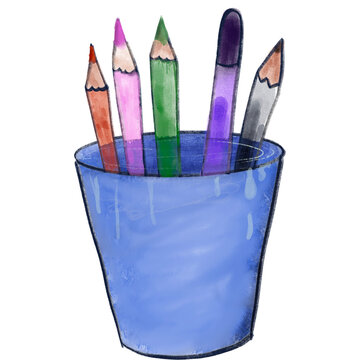 Watercolor style colored pencils in a blue cup on a white background  ideal for art supplies, education, backtoschool designs.



