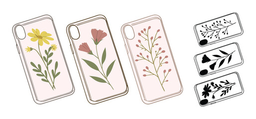 Illustrations showcasing floral smartphone cases with delicate flower designs in various colours with outline graphics.
