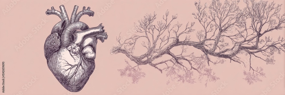 Poster hand-drawn heart design featuring delicate branches intertwined with artistic details and natural mo