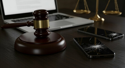 Gavel and Broken Smartphones on a Dark Wooden Desk