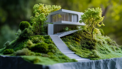 A high-resolution 3D printed architectural model that showcases a miniature modern tiny house perched on a grassy hill, surrounded by greenery and small trees, made entirely of white materials,