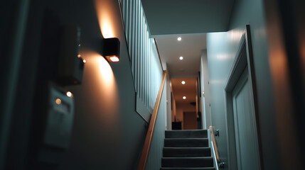 Dark Hallway Interior with Warmly Lit Carpeted Stairs and Wooden Handrail